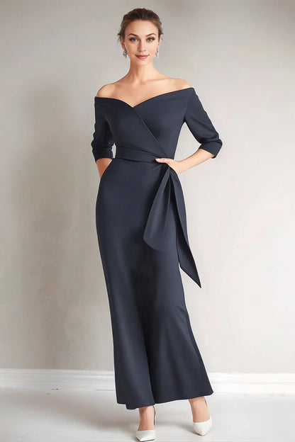 Elegant Navy Blue Satin Mermaid Short Sleeve Floor-Length Mother of the Bride Dress