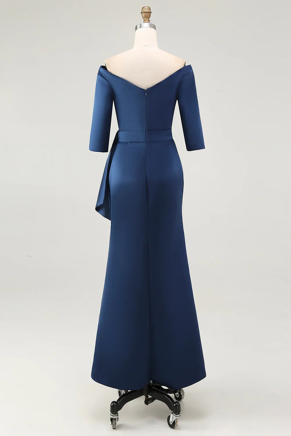 Elegant Navy Blue Satin Mermaid Short Sleeve Floor-Length Mother of the Bride Dress