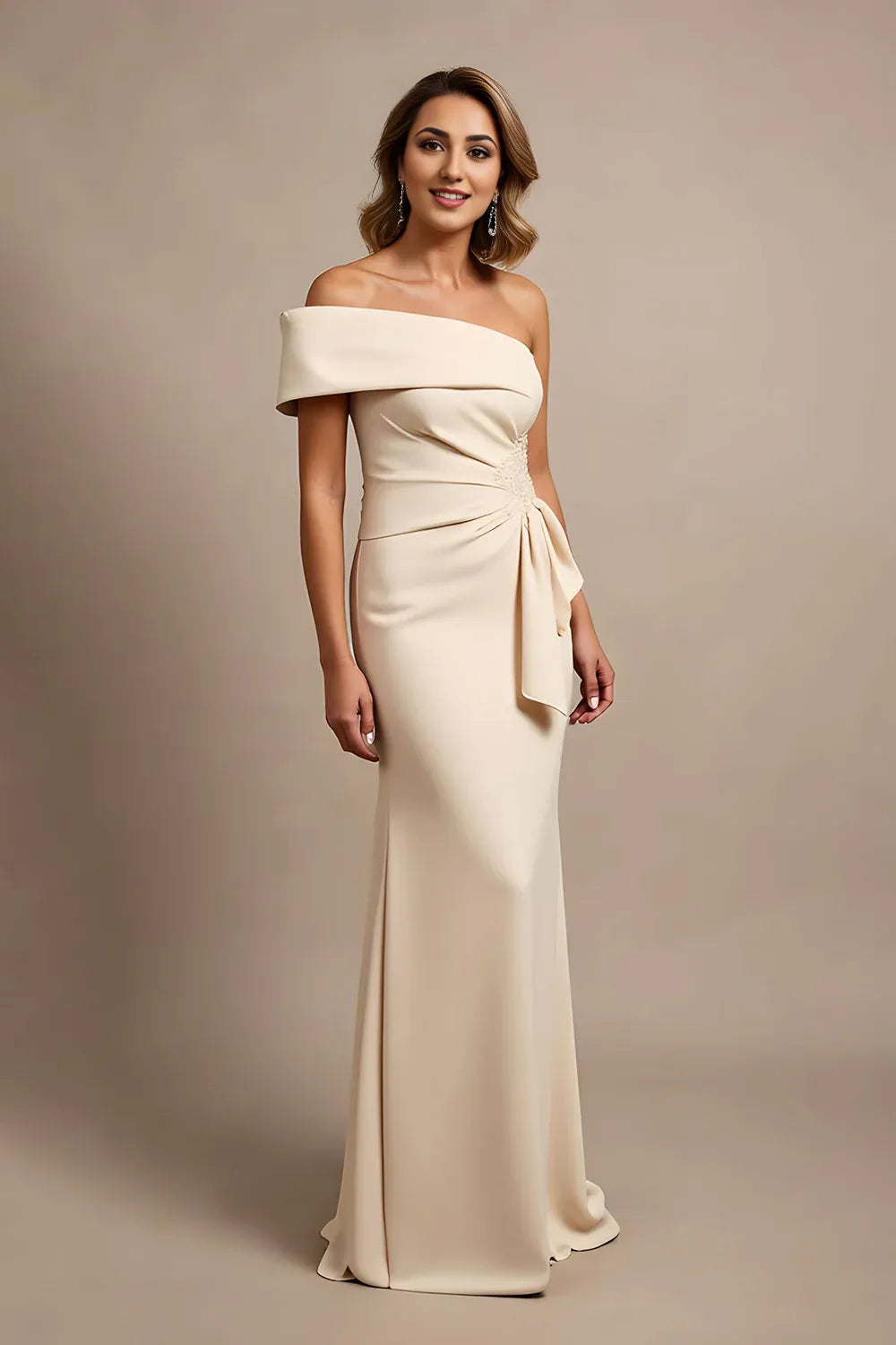 Beautiful Timeless Elegant Champagne Satin Mermaid Sleeveless Mother of the Bride Dress