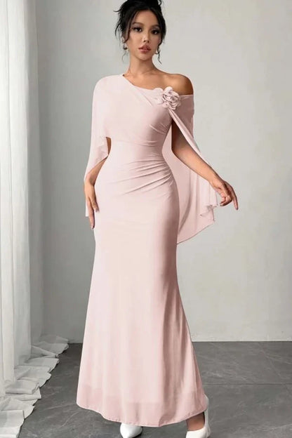 Elegant Red Floral Mermaid One-Shoulder Classic-Sleeve Classic-Back Floor-Length Prom Dress