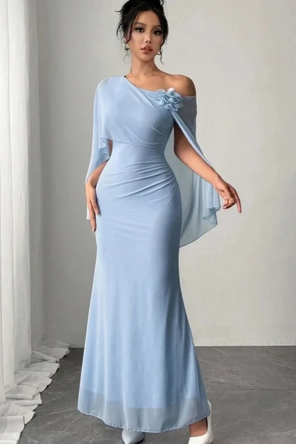 Elegant Red Floral Mermaid One-Shoulder Classic-Sleeve Classic-Back Floor-Length Prom Dress