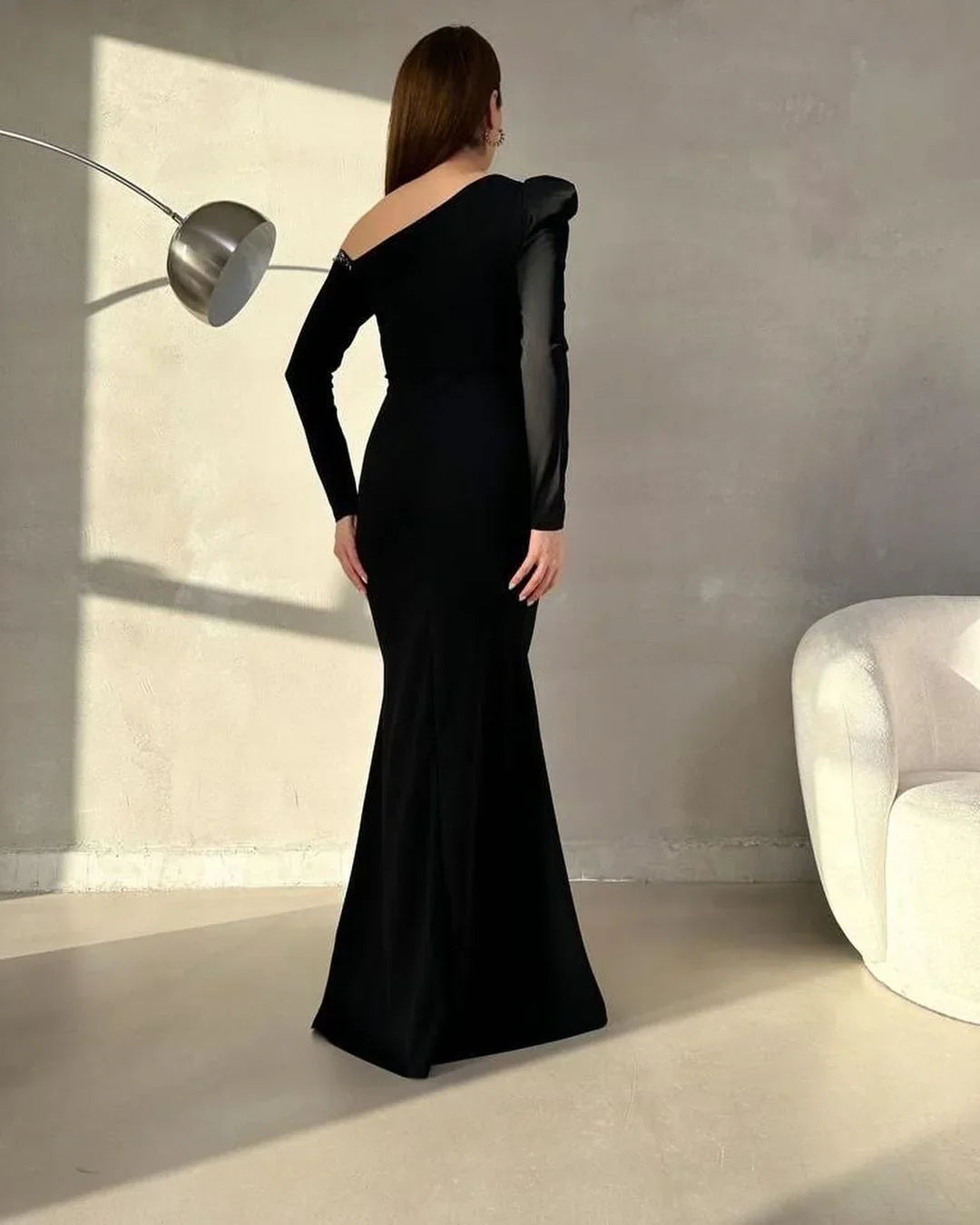 Black Mermaid One-Shoulder Long Sleeve Beaded Maxi Evening Dress
