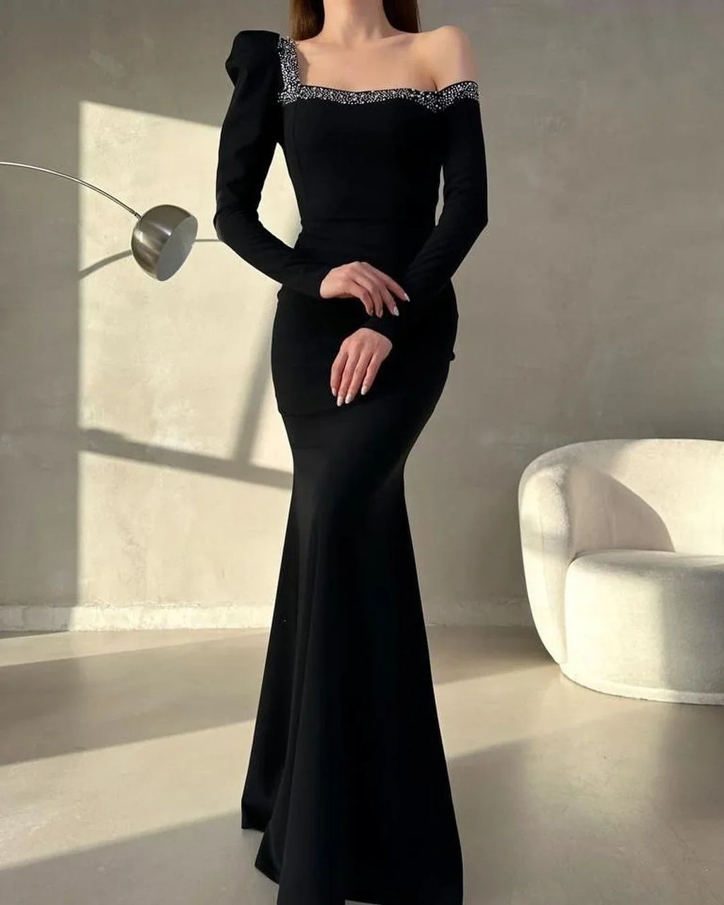 Black Mermaid One-Shoulder Long Sleeve Beaded Maxi Evening Dress