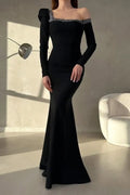 Black Mermaid One-Shoulder Long Sleeve Beaded Maxi Evening Dress