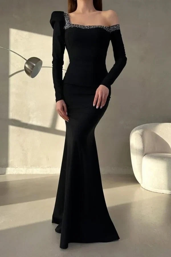 Black Mermaid One-Shoulder Long Sleeve Beaded Maxi Evening Dress
