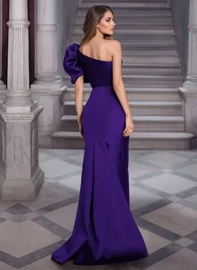 Purple Mermaid One-Shoulder Train Prom Dress With Bow