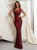 Timeless Special Occasion Elegant Burgundy Sequin Mermaid One-Shoulder Sleeveless Floor-Length Prom Dress