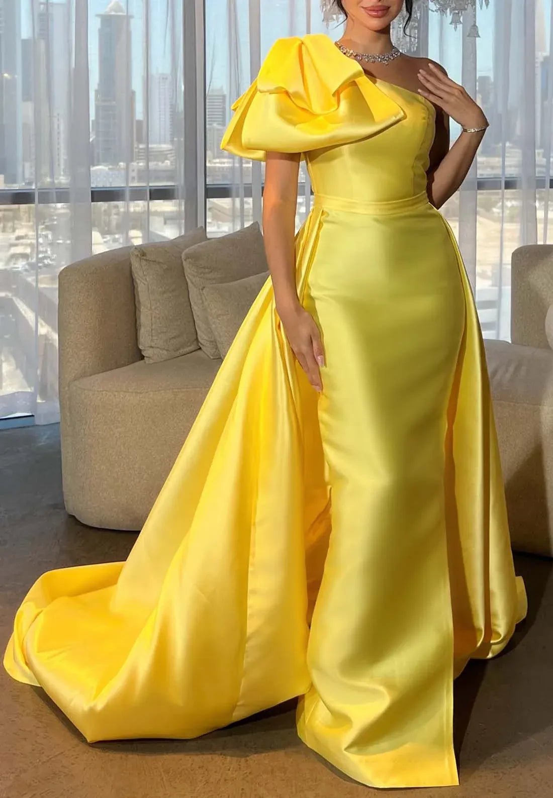 Yellow Mermaid One Shoulder Bow Prom Dress With Sweep Train