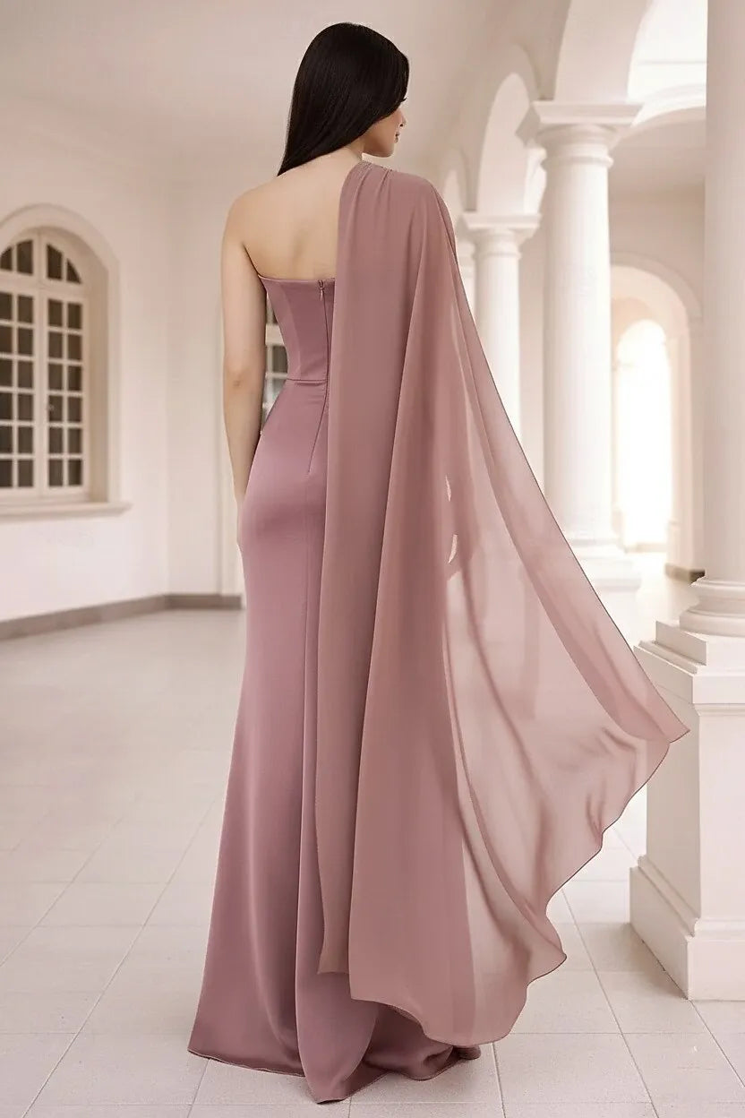 Romantic Mermaid One Shoulder Draped Cape Dusty Rose Floor Length Prom Dress