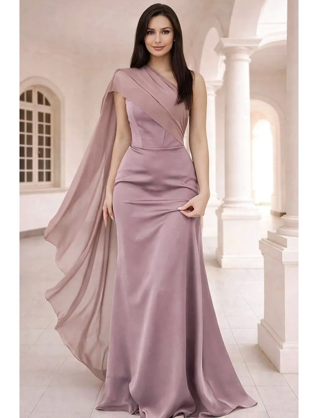 Romantic Mermaid One Shoulder Draped Cape Dusty Rose Floor Length Prom Dress