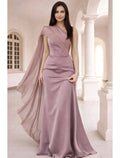 Romantic Mermaid One Shoulder Draped Cape Dusty Rose Floor Length Prom Dress