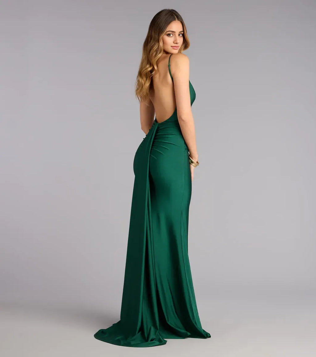 Mermaid Plunging V-Neckline Spaghetti-Straps Open-Back Floor-Length Prom Dresses