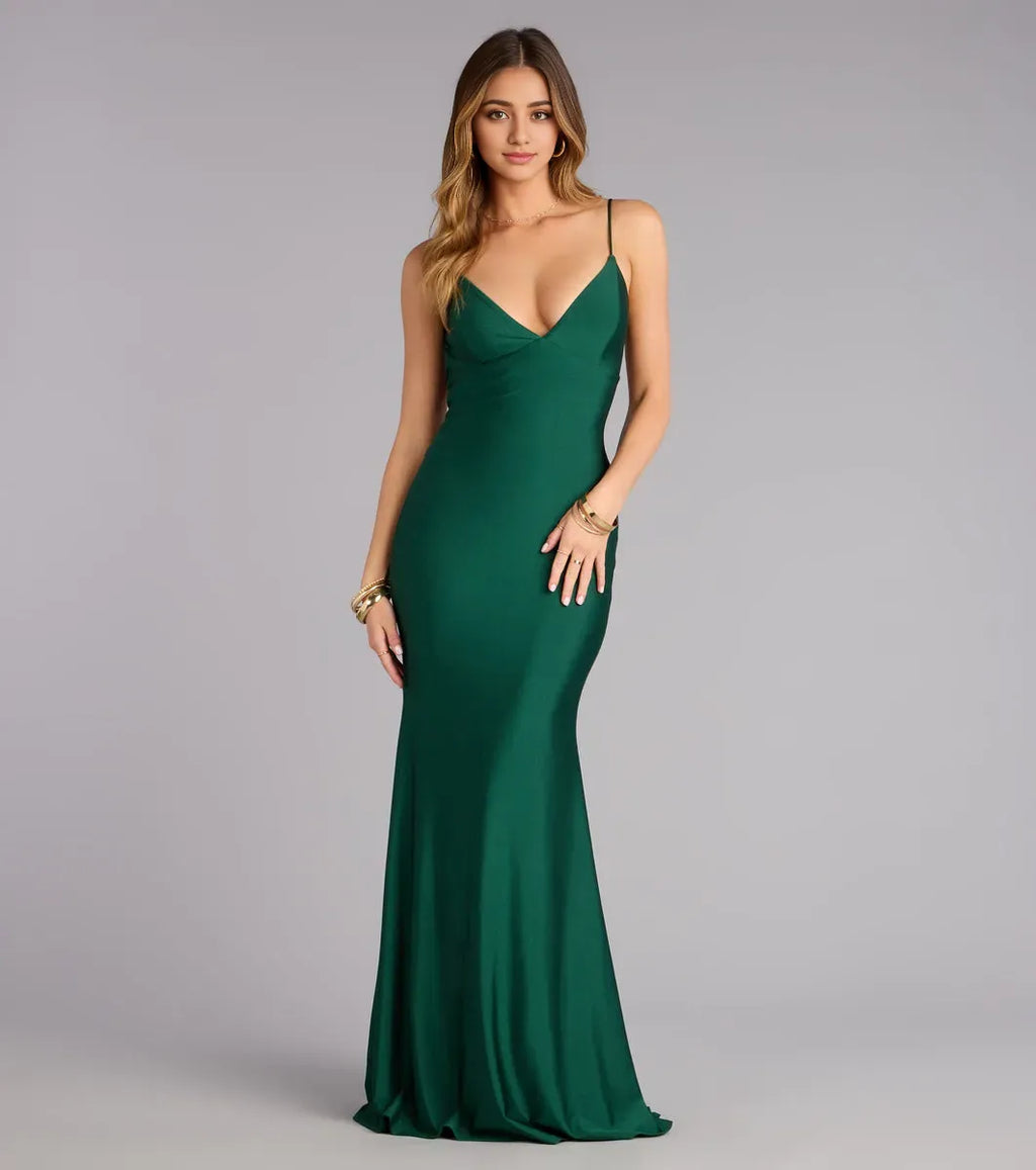 Mermaid Plunging V-Neckline Spaghetti-Straps Open-Back Floor-Length Prom Dresses