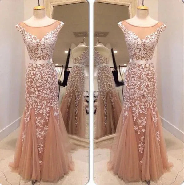Mermaid Round Neck Applique Champagne Floor Length Prom Dress