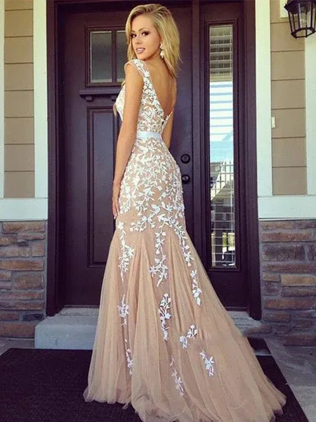 Mermaid Round Neck Applique Champagne Floor Length Prom Dress