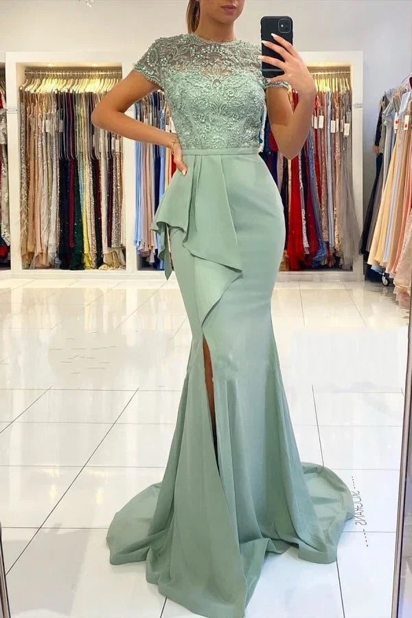 Sage Green Mermaid Round Neck Short Sleeve Maxi Evening Dress