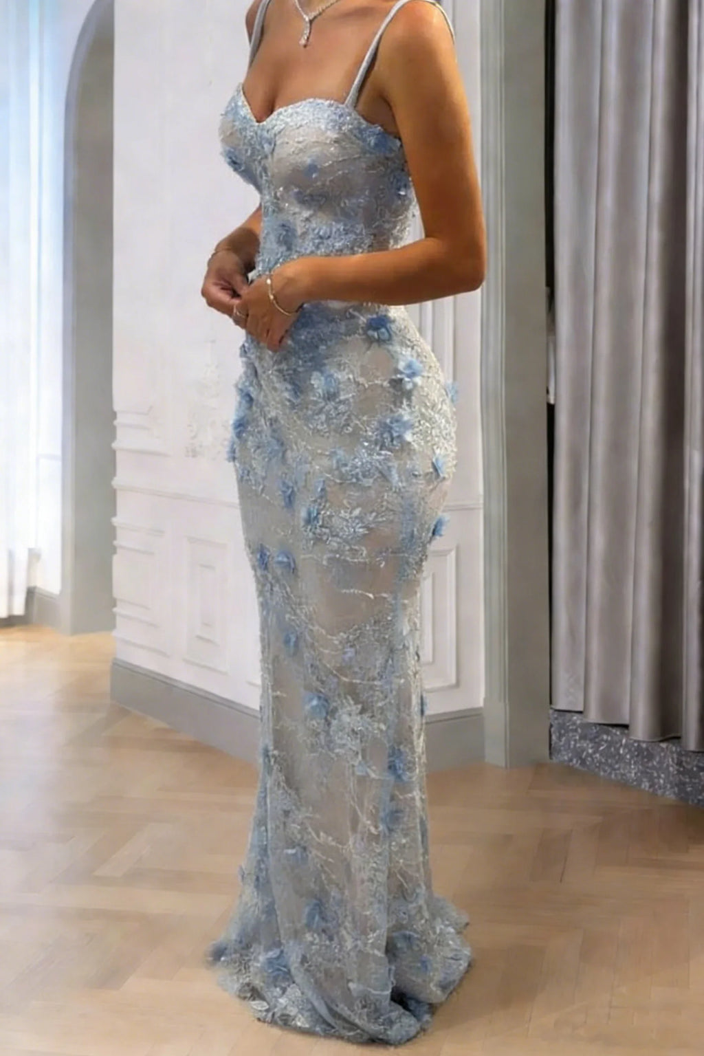 Light Blue Mermaid Spaghetti Strap 3D Floral Light Maxi Prom Dress