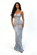Light Blue Mermaid Spaghetti Strap 3D Floral Light Maxi Prom Dress