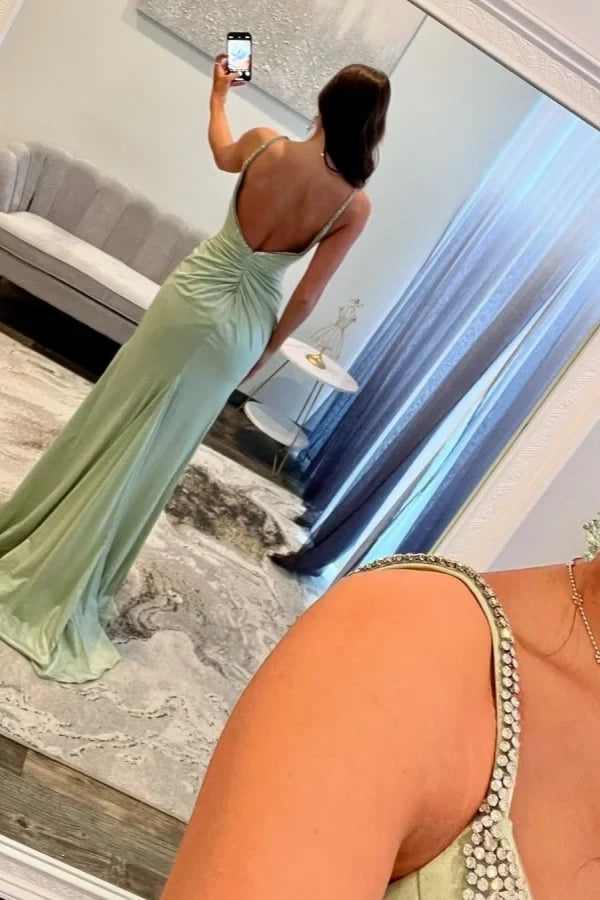 Mermaid Spaghetti Strap Beaded Sage Prom Dress