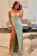 Mermaid Spaghetti Strap Beaded Sage Prom Dress