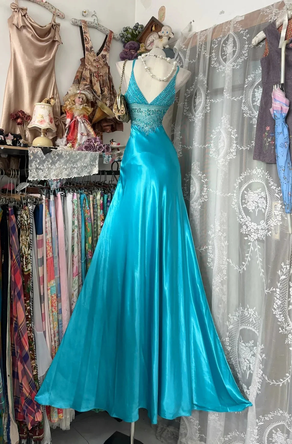 Mermaid Spaghetti Strap Beaded Turquoise Maxi Prom Dress