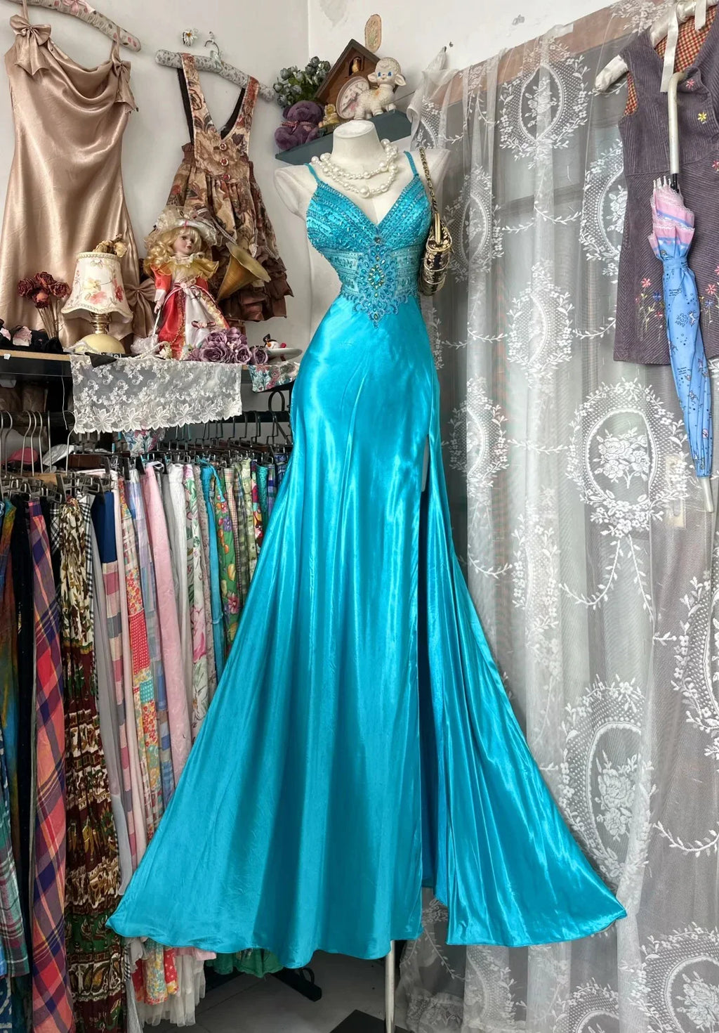 Mermaid Spaghetti Strap Beaded Turquoise Maxi Prom Dress