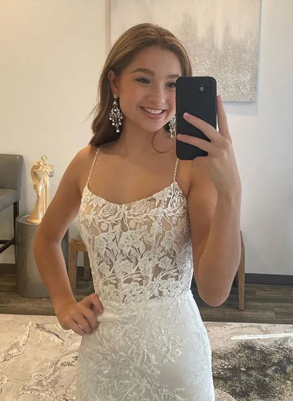 White Mermaid Spaghetti Strap Corset Floral Floor-Length Prom Dress