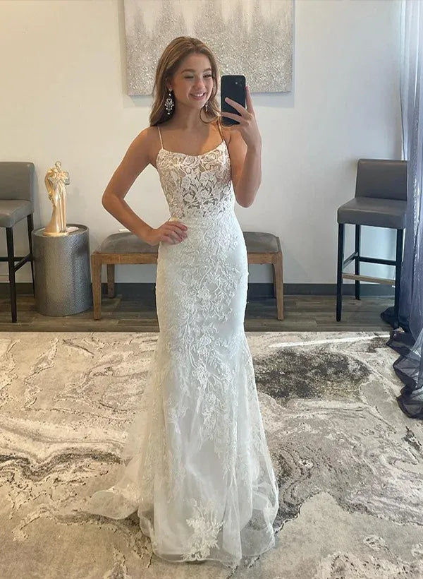 White Mermaid Spaghetti Strap Corset Floral Floor-Length Prom Dress
