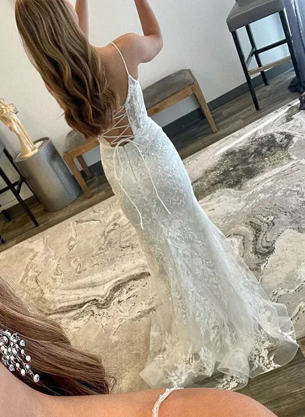 White Mermaid Spaghetti Strap Corset Floral Floor-Length Prom Dress