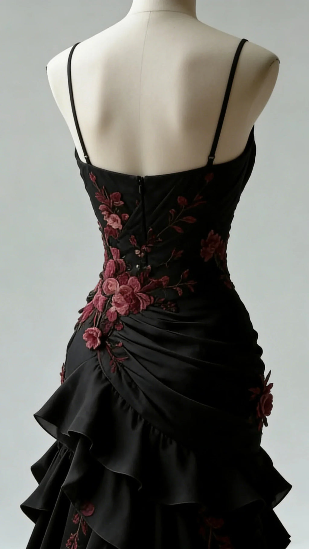 Black Mermaid Spaghetti Strap Floral Maxi Prom Dress