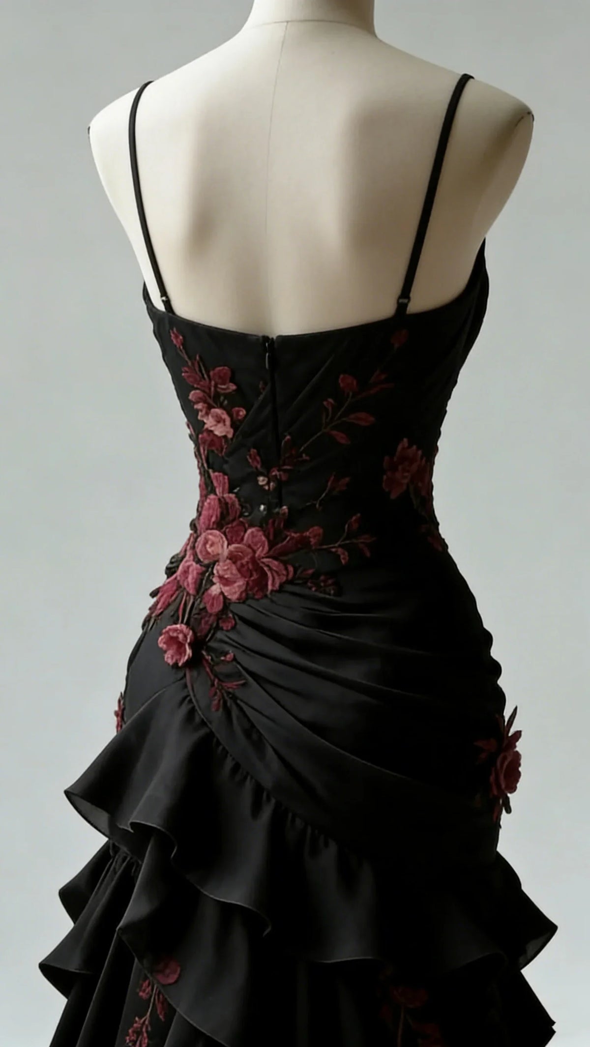 Black Mermaid Spaghetti Strap Floral Maxi Prom Dress