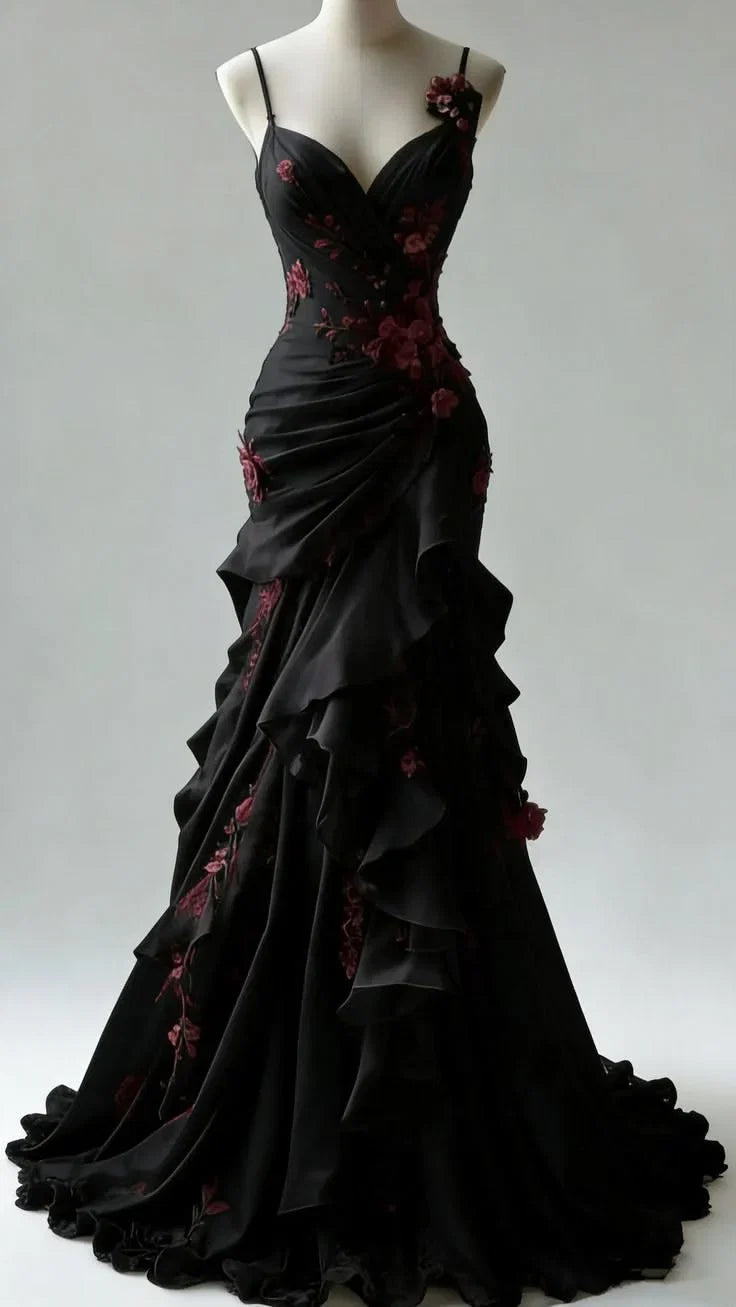 Black Mermaid Spaghetti Strap Floral Maxi Prom Dress