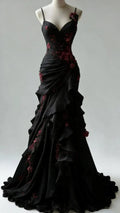 Black Mermaid Spaghetti Strap Floral Maxi Prom Dress