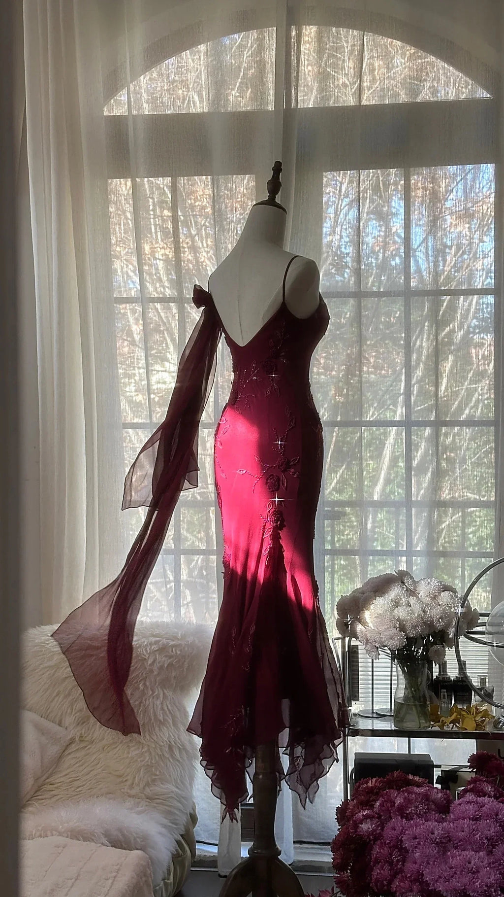 Burgundy Mermaid Spaghetti Strap Floral Maxi Prom Dress