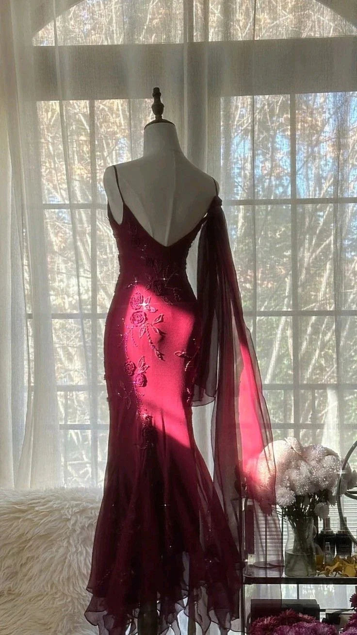 Burgundy Mermaid Spaghetti Strap Floral Maxi Prom Dress