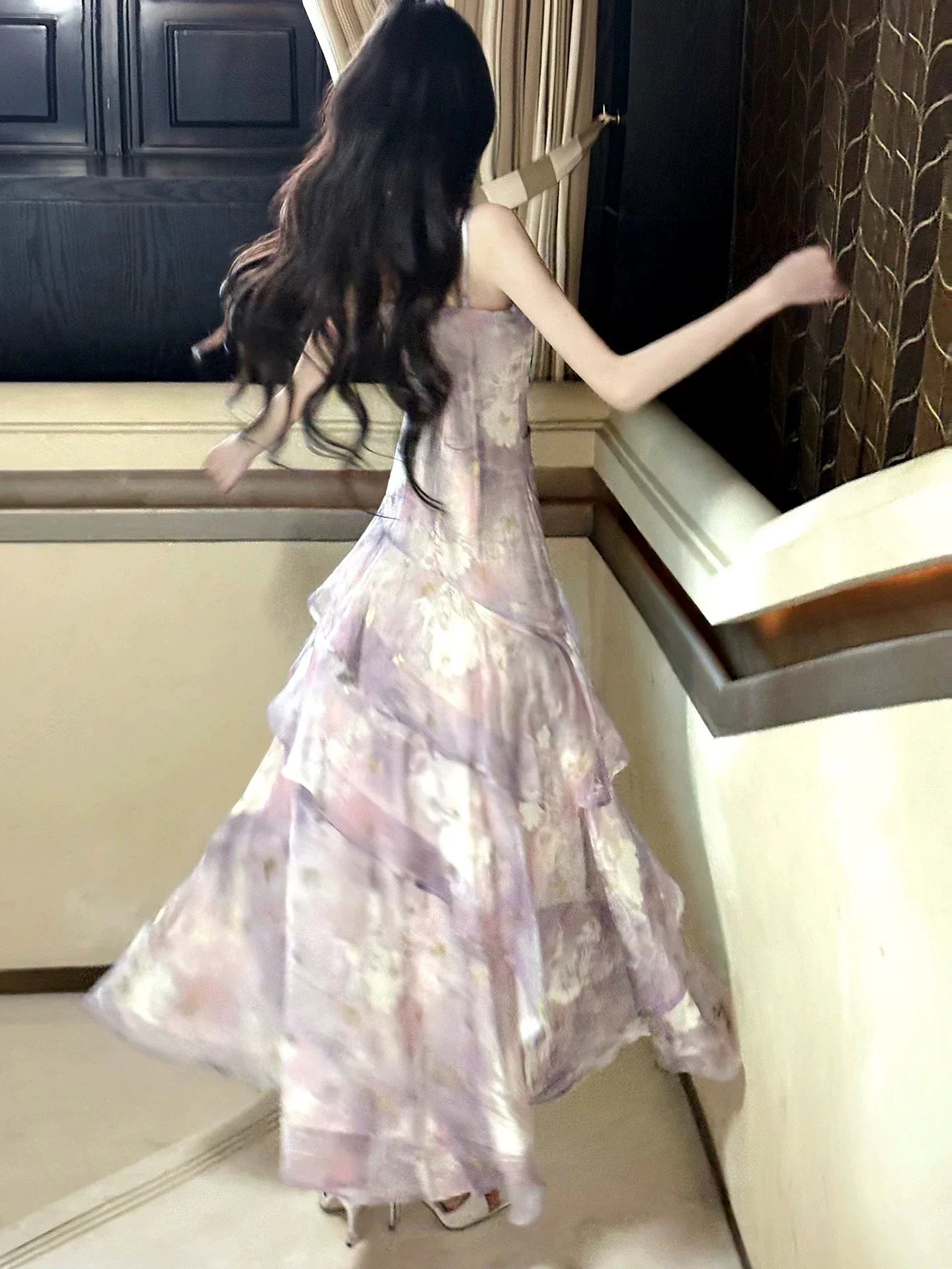 Lavender Mermaid Spaghetti Strap Floral Maxi Prom Dress