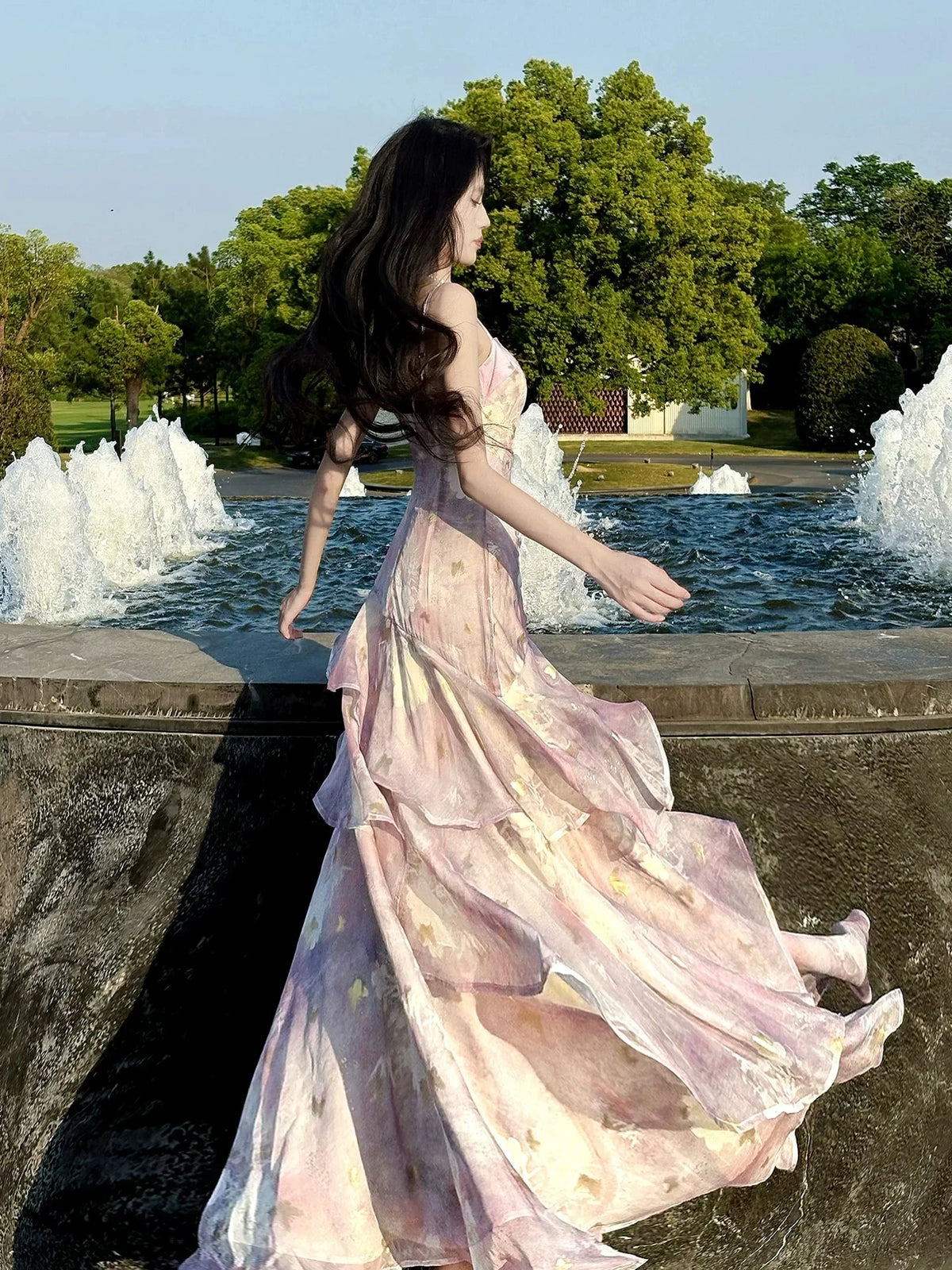 Lavender Mermaid Spaghetti Strap Floral Maxi Prom Dress