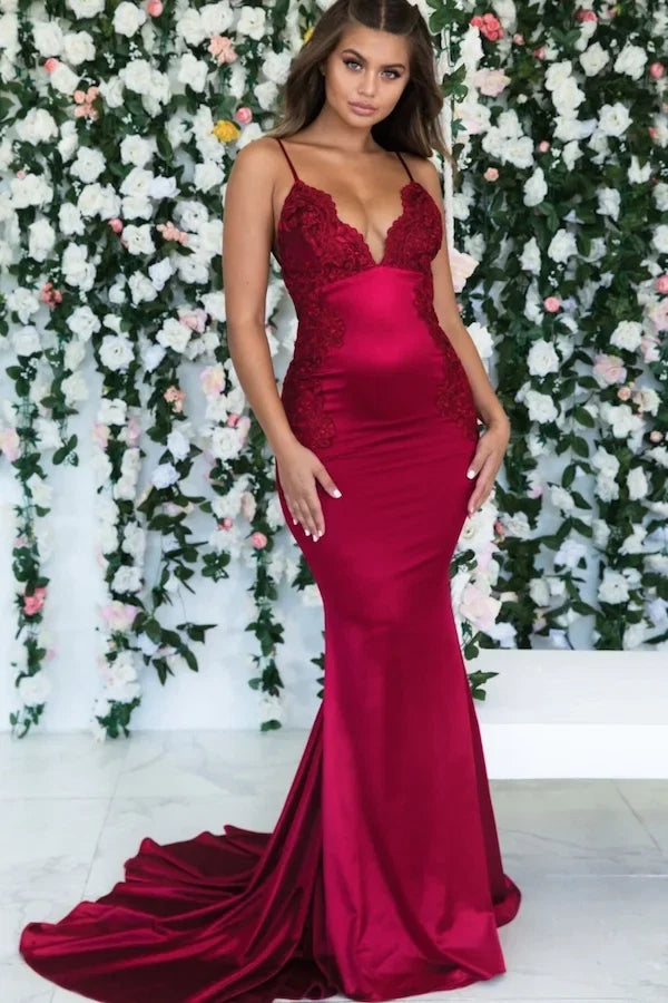 Burgundy Mermaid Spaghetti Strap Maxi Prom Dress