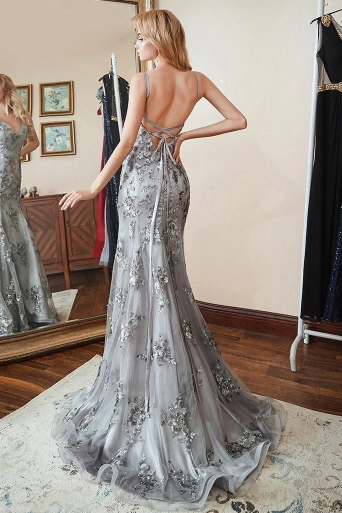 Gray Mermaid Spaghetti Strap Maxi Prom Dress