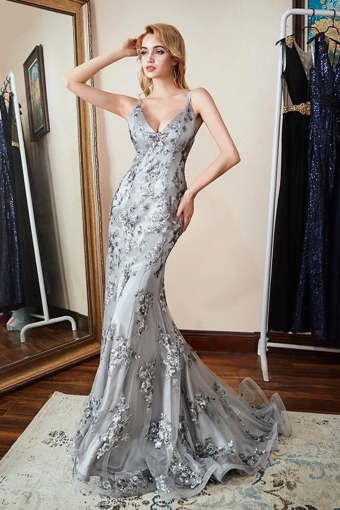 Gray Mermaid Spaghetti Strap Maxi Prom Dress