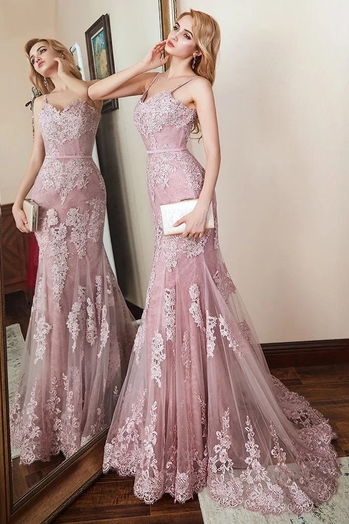 Pink Mermaid Spaghetti Strap Maxi Prom Dress