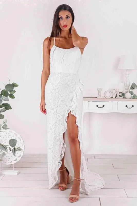 White Mermaid Spaghetti Strap Slit Floor-Length Evening Dress For Bride