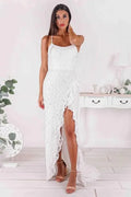White Mermaid Spaghetti Strap Slit Floor-Length Evening Dress For Bride