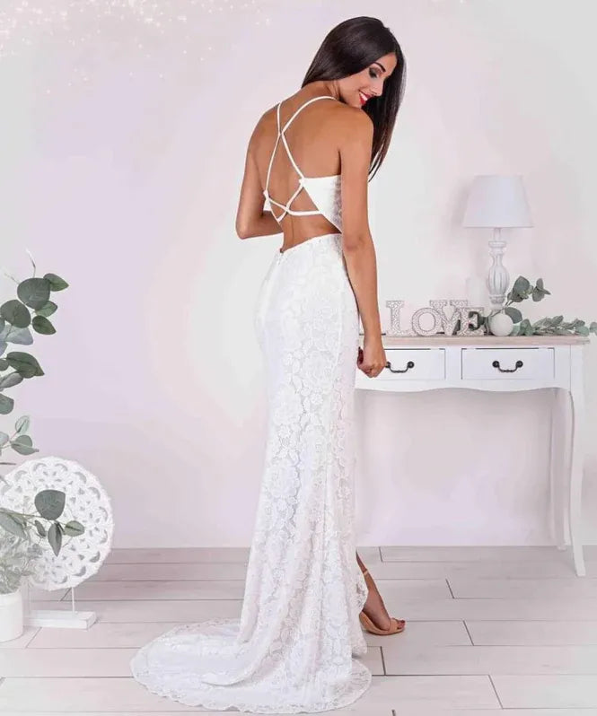 White Mermaid Spaghetti Strap Slit Floor-Length Evening Dress For Bride