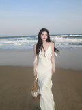 White Mermaid Spaghetti Strap Ruffled Maxi Prom Dress