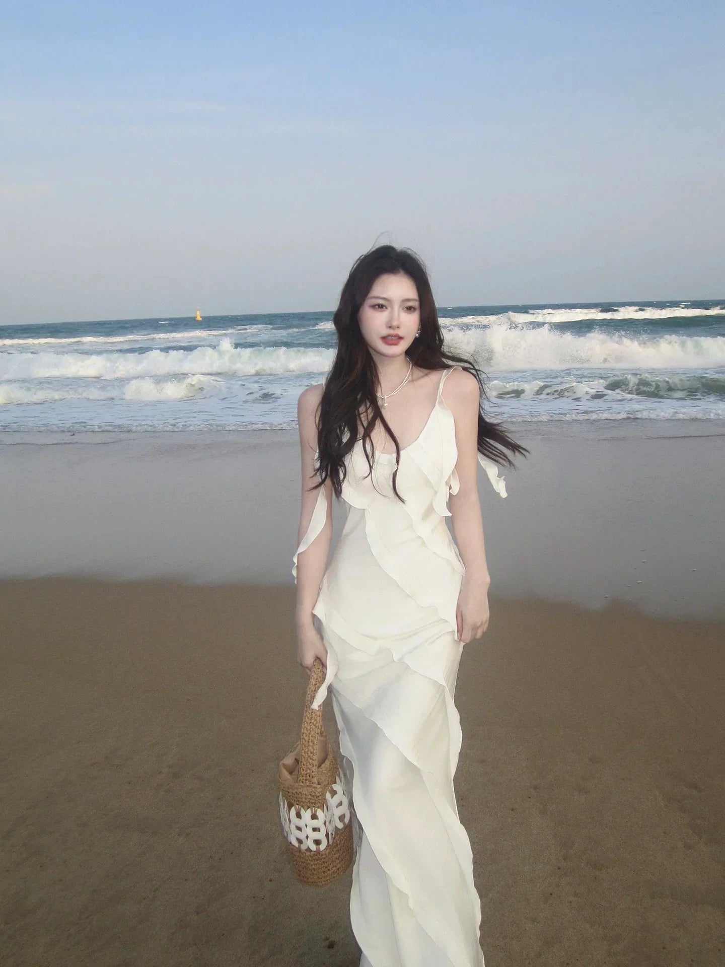 White Mermaid Spaghetti Strap Ruffled Maxi Prom Dress
