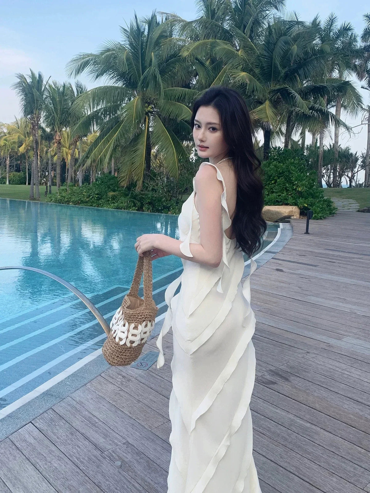 White Mermaid Spaghetti Strap Ruffled Maxi Prom Dress