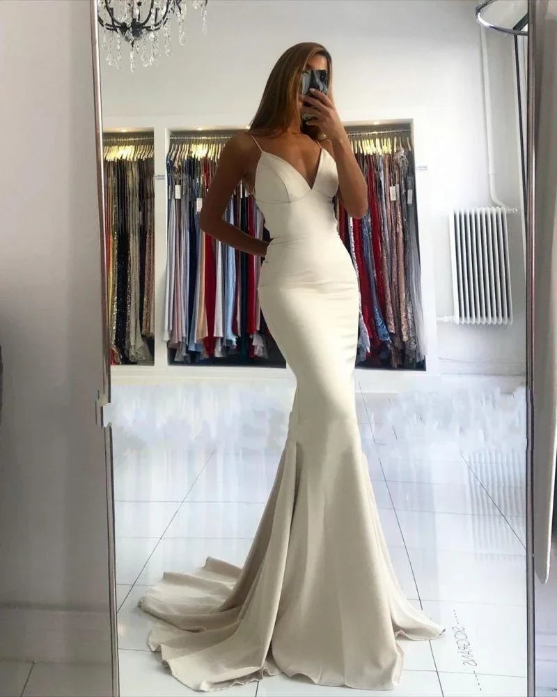 Ivory Mermaid Spaghetti Strap Maxi Prom Dress