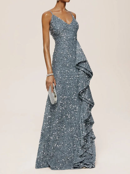 Special Occasion Sophisticated Graceful Elegant Silver Sequin Mermaid Sleeveless Floor-Length Evening Dress