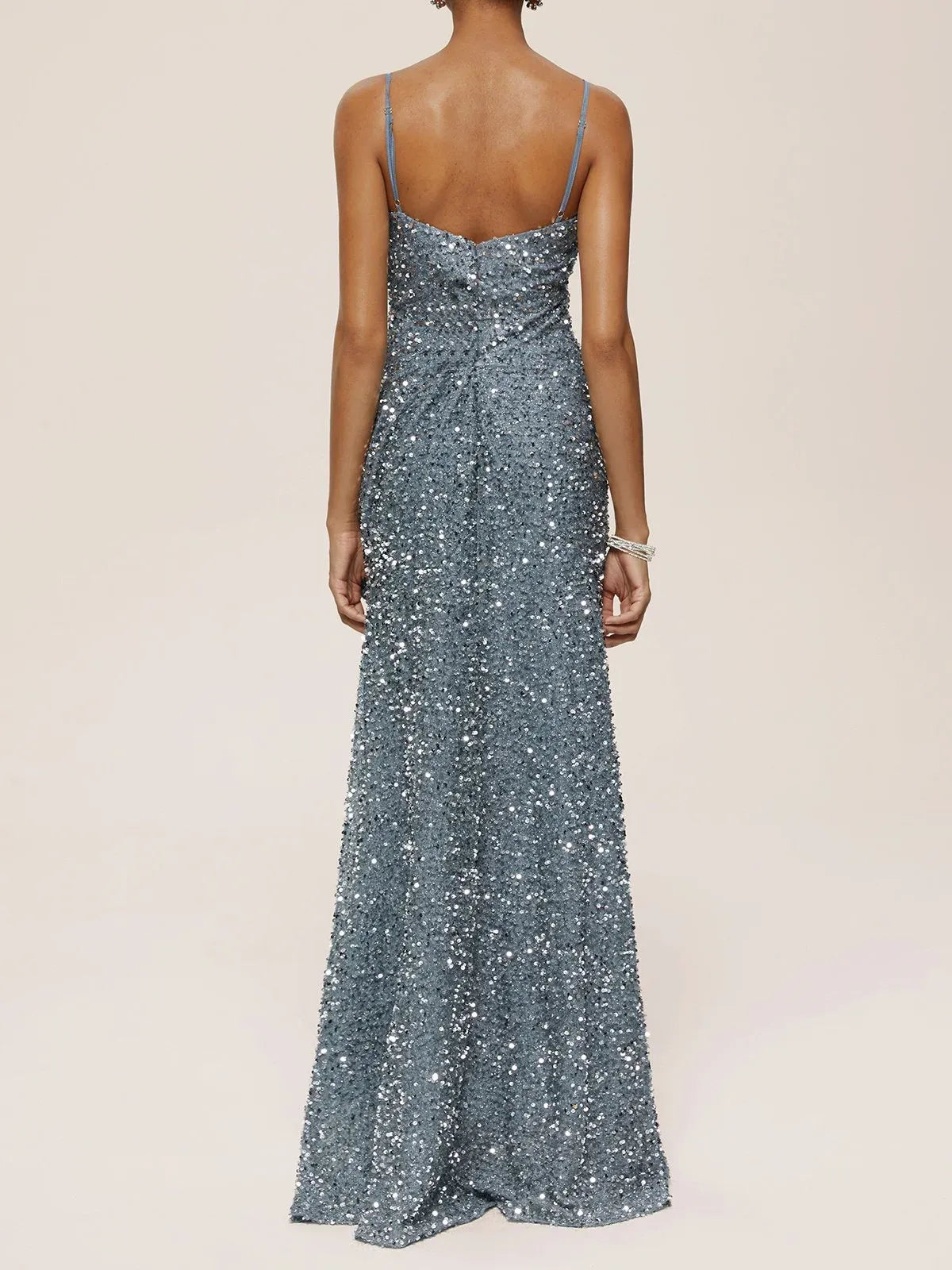 Special Occasion Sophisticated Graceful Elegant Silver Sequin Mermaid Sleeveless Floor-Length Evening Dress
